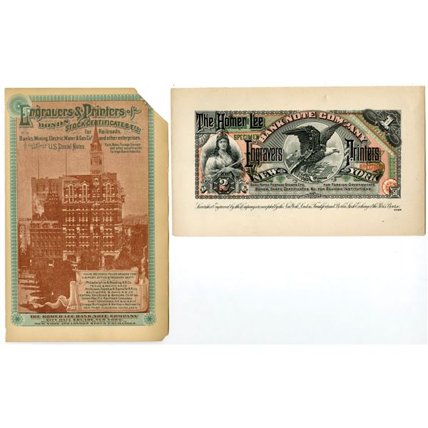 NY. Homer Lee Bank Note Co. ND (1880s to 1900s), Intaglio Printed Ad Note and Litho Advertising Pair