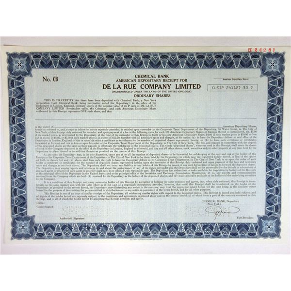 U.K.,  De La Rue Co. Ltd., 1979, Specimen ADR Stock Certificate.