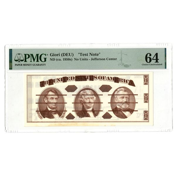 D.C. Giori Test Note, (DEU), ND (1950s) Jefferson Center "Test Note"