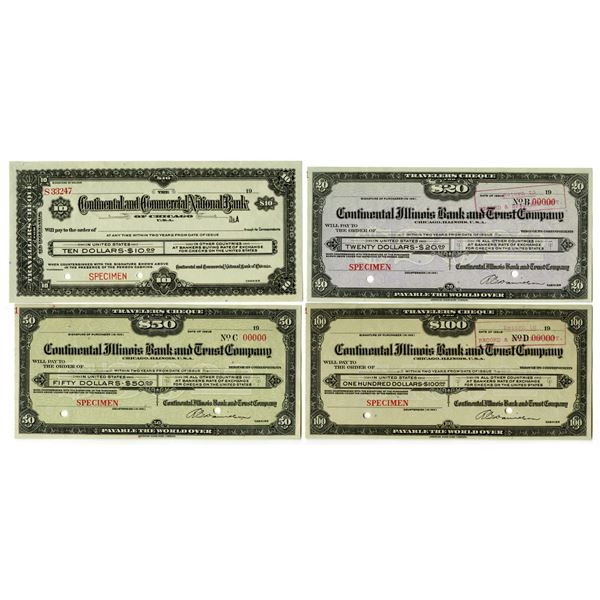 IL. Continental Illinois Bank and Trust Co., ND (ca. 1920s to 1930s). Specimen Check Quartet.