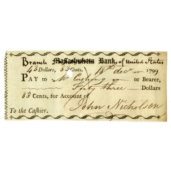 MA. Branch Bank of United States, December 18, 1799, I/C Check.