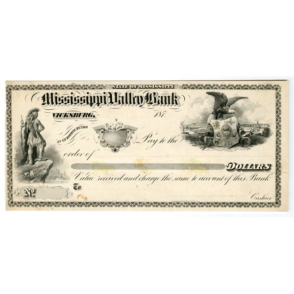 MS. Mississippi Valley Bank. Undenominated Check / Draft Proof on Thin Card, ca.1870s. Continental B