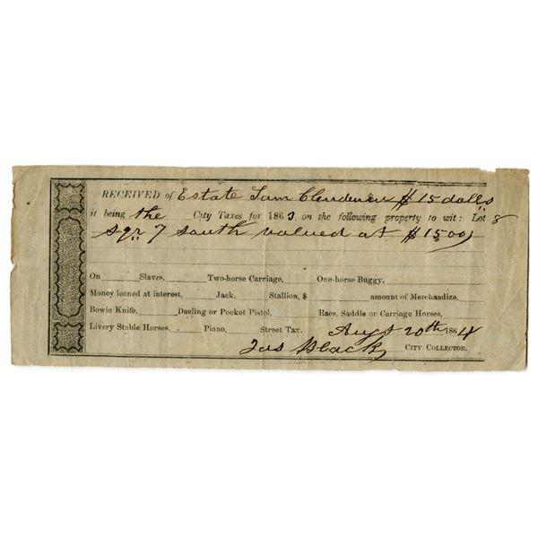 MS. Slave-Related City Tax Receipt, Estate of Sam Claiborne. 1863. Issued Tax Certificate