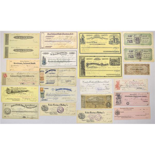 Western Banking, Mining & Fraternal Checks, Warrants & Scrip Assortment, 1882 to 1937.
