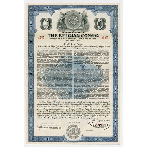 Kingdom of Belgium, Belgian Congo, 1958 Specimen External Loan Bond Rarity.
