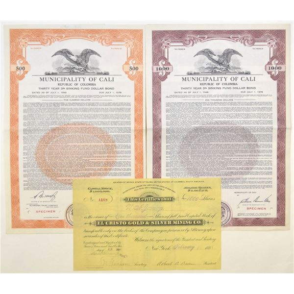 Colombia. Mining & Municipal Specimen Stock and Bond Certificate Trio, 1888 & 1948.