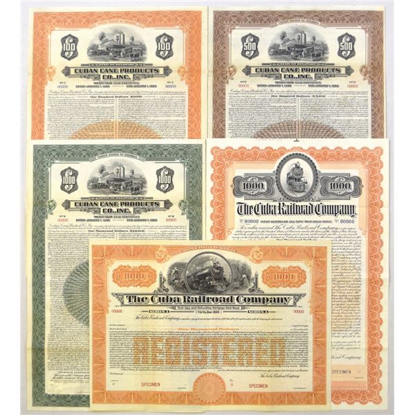Cuba. Cuban Cane Products; and, Cuba Railroad Company Gold Bond Specimen Quintet, ca.1902 to 1930.