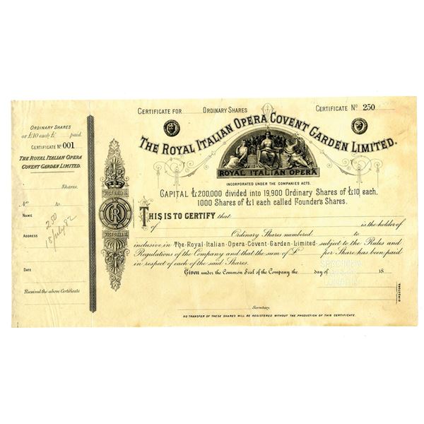 England and Italy. Royal Italian Opera Covent Garden LTD., ca.1882 Specimen Stock Certificate.