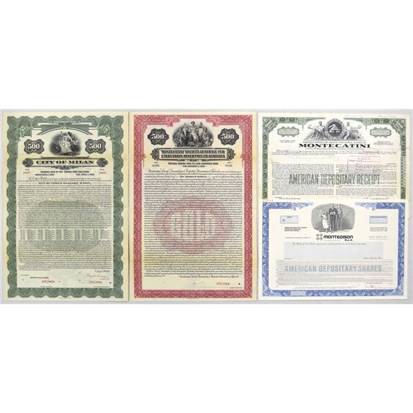 Italy. City of Milan & Montecatini Specimen Bond & ADR Trio, 1927 to 1992.