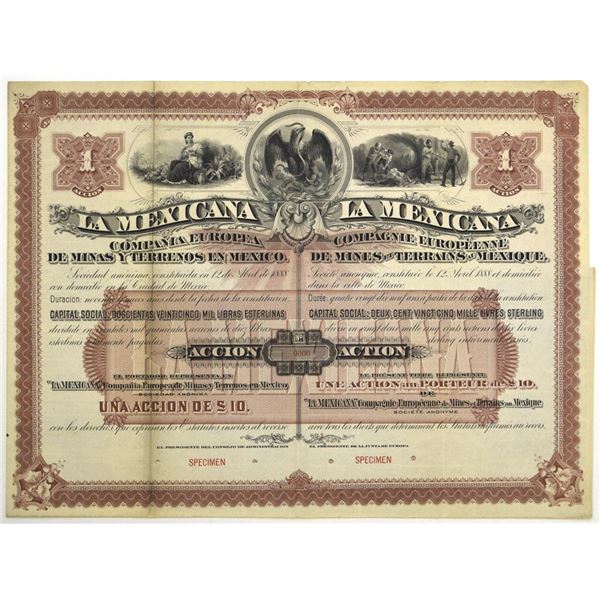 La Mexicana: European Company of Mines and Lands in Mexico, 1888, Specimen Stock Certificate.