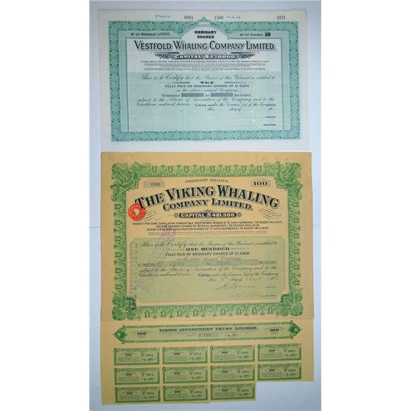 Norway. Vestfold Whaling Co., 1936 Specimen and Viking Whaling Company, 1935 I/U Stock Certificate P