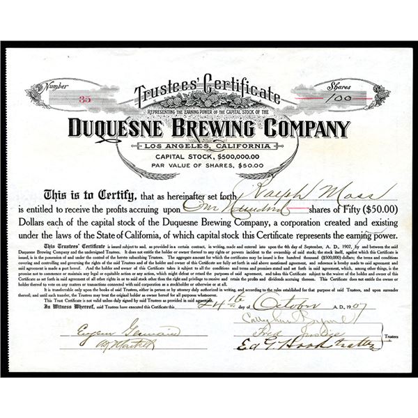 CA. Trustee's Certificate, Duquesne Brewing Co., 1907 I/U Stock Certificate