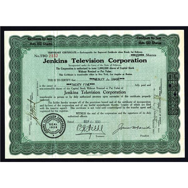 Jenkins Television Corp., 1930 Historic TV Pioneer Stock Certificate