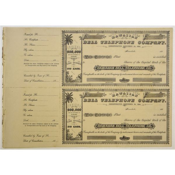 HI. Hawaiian Bell Telephone Co., ND (1880s), Uncut Unissued Stock Certificates.