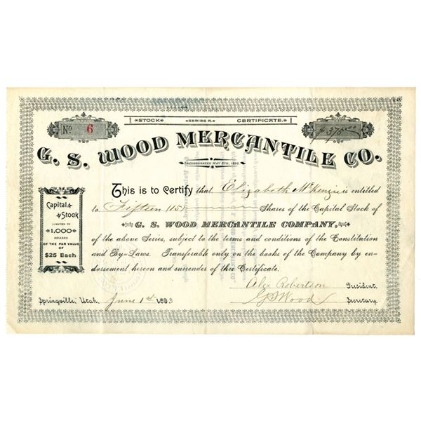 Utah Territory. G. S. Mercantile Co., 1893, Important Mormon Company, I/U Stock Certificate.