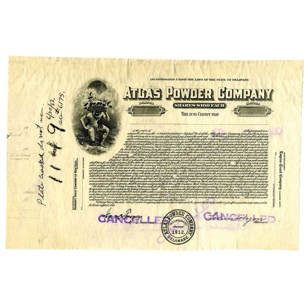 DE. Atlas Powder Co., 1933 I/U Cancellation Progress Proof Stock Certificate