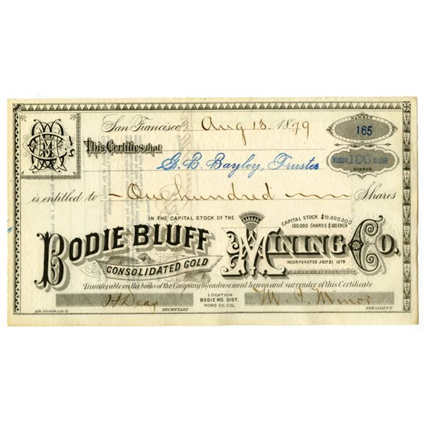 CA. Bodie Bluff Mining Co., 1879, I/U Stock Certificate.