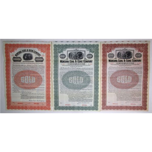 MT. Montana Coal & Coke Co., 1907; and, Montana Coal & Iron Co.,1912,  Specimen Gold Coupon Bond Tri