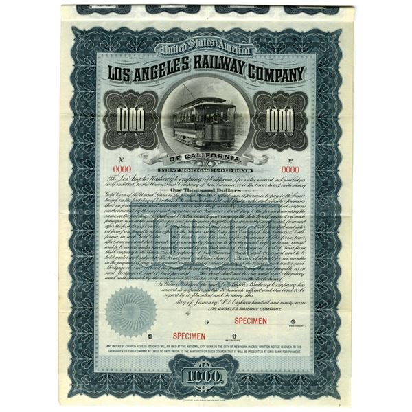 CA. Los Angeles Railway Co., 1898, Specimen Coupon Bond Rarity.