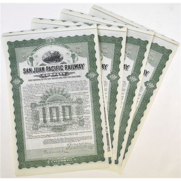 CA. San Juan Pacific Railway Co., 1908, I/U Sequential Coupon Bond Quartet.