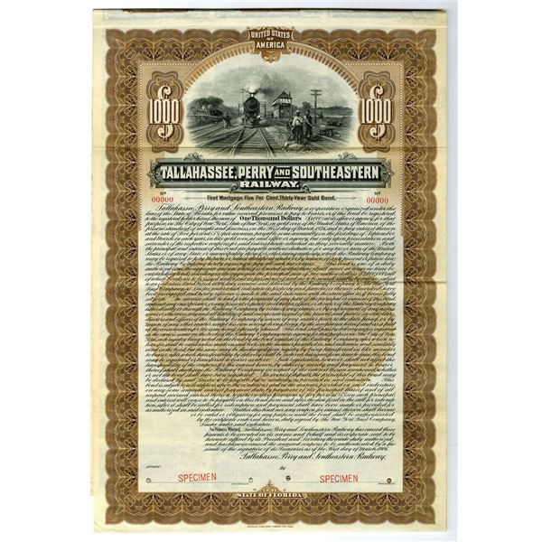 FL. Tallahassee, Perry and Southeastern Railway, 1906 Specimen Gold Coupon Bond