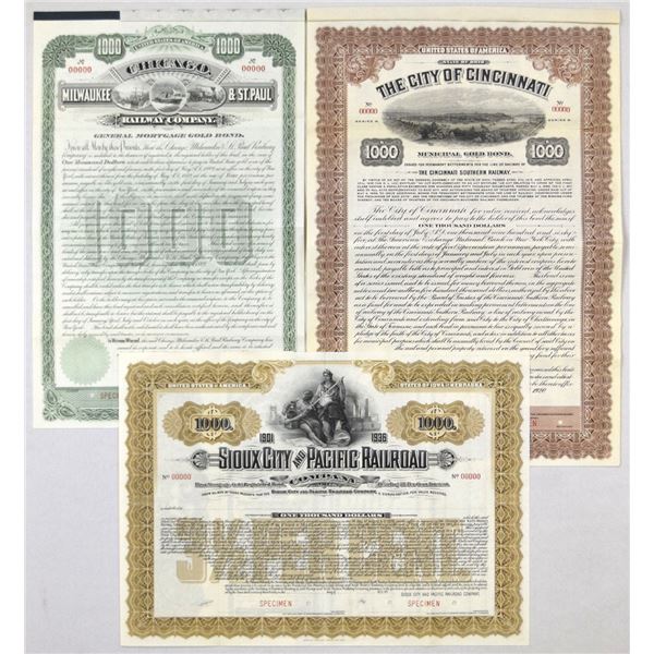 IL. OH. IA. Midwest Railroad Bond Trio, 1889 to 1920