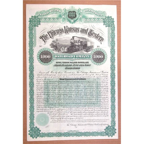 KS. Chicago, Kansas and Western Railroad Co. 1886 Specimen Gold Coupon Bond