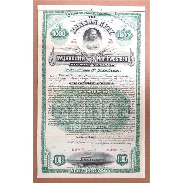 KS. Kansas City, Wyandotte and Northwestern Railroad Co. 1888 $1000 Specimen Gold Coupon Bond