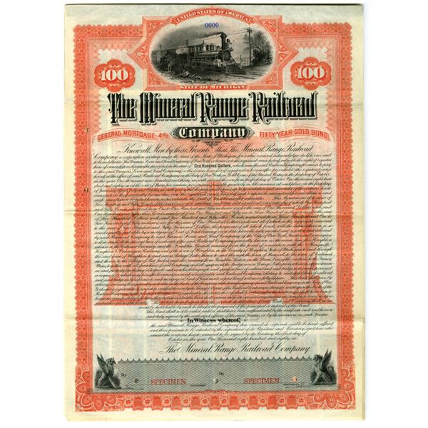 MI. Mineral Range Railroad Co., 1886, Specimen Coupon Bond.