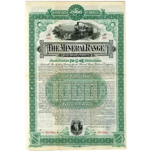 MI. Mineral Range Railroad Co., 1886, Specimen Coupon Bond.