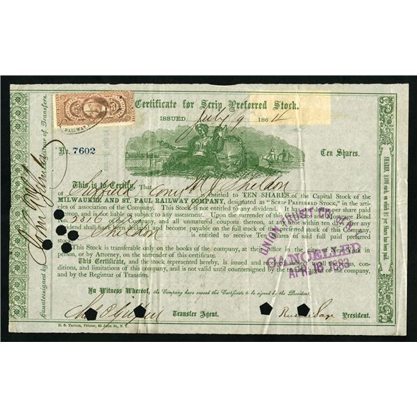 MN. Milwaukee and St. Paul Railway Co., 1864 I/C Stock Certificate Signed by Russell Sage as Preside