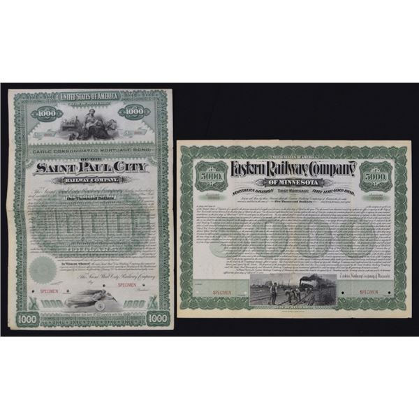 MN. Minnesota Railroads, 1887 & 1898, Specimen Registered & Coupon Gold Bond Pair.