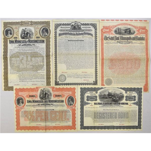 MN. Railroad Specimen Bond Assortment, 1882 to 1913