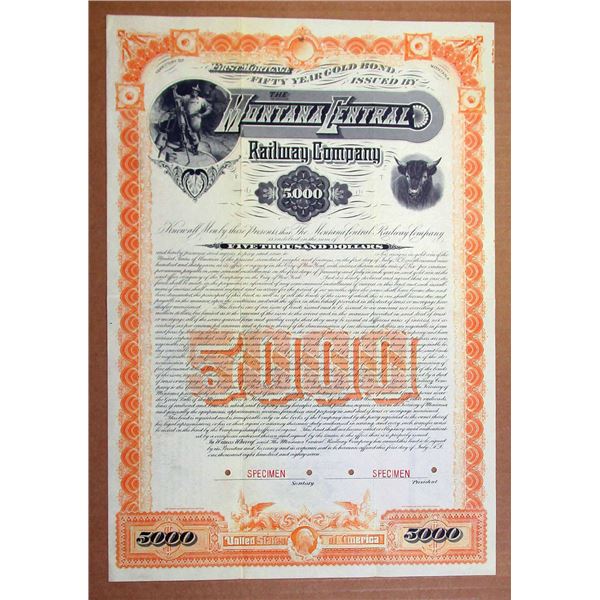MT. Montana Central Railway Co. 1887 Specimen Bond