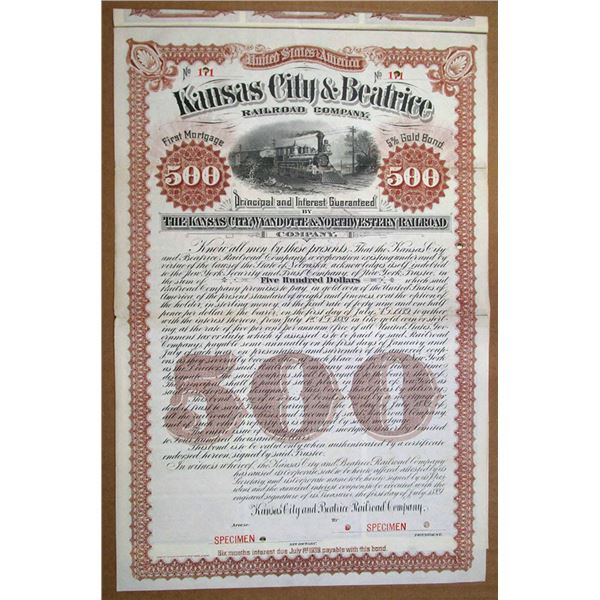KS, NE.. Kansas City & Beatrice Railroad Co. 1889 Specimen Gold Coupon Bond Rarity