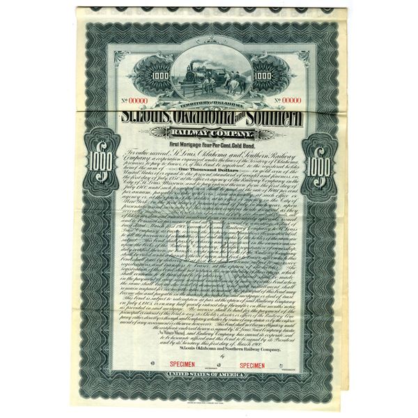 Oklahoma Territory. St. Louis, Oklahoma and Southern Railway Co., 1900, Specimen Coupon Bond