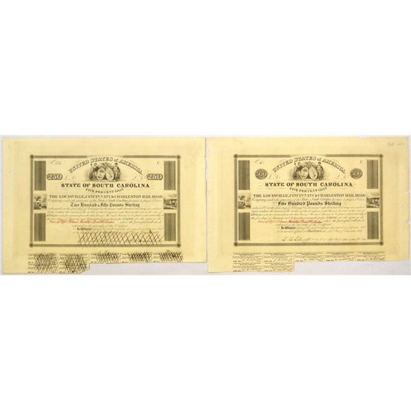 SC. Louisville, Cincinnati & Charleston Railroad, 1838, I/C Bond Pair.
