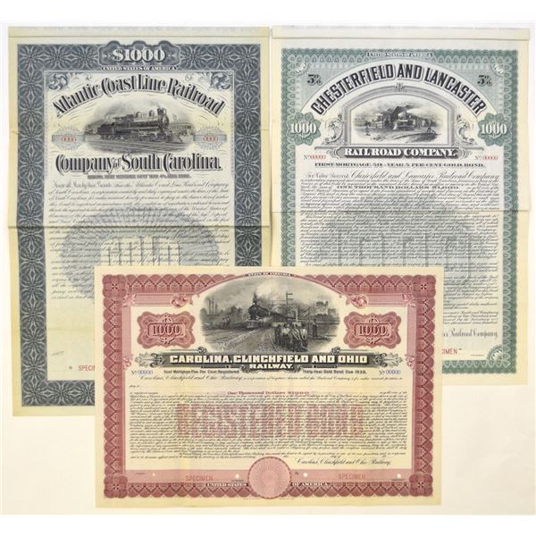 SC & VA. South Carolina and Virginia Specimen Railroad Bonds, 1898 to 1905.