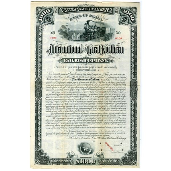 TX. International and Great Northern Railroad Co. 1881 Specimen Gold Coupon Bond