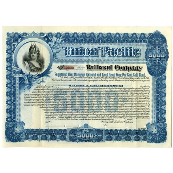 UT. Union Pacific Railroad Co., 1907, Specimen Registered Bond.