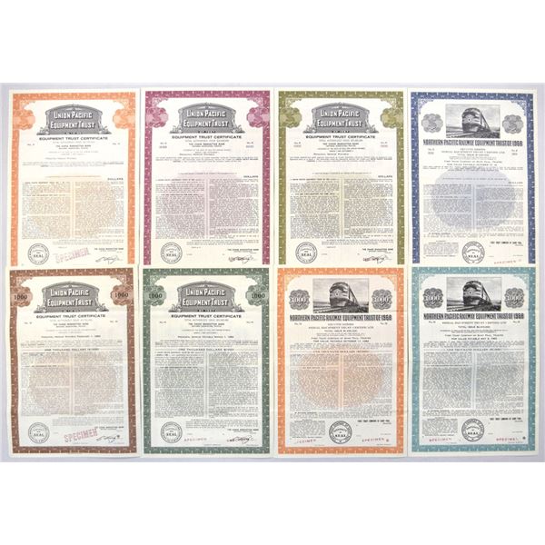 UT & MN. Union Pacific & Northern Pacific Equipment Trust Specimen Certificates, 1967 to 1970.