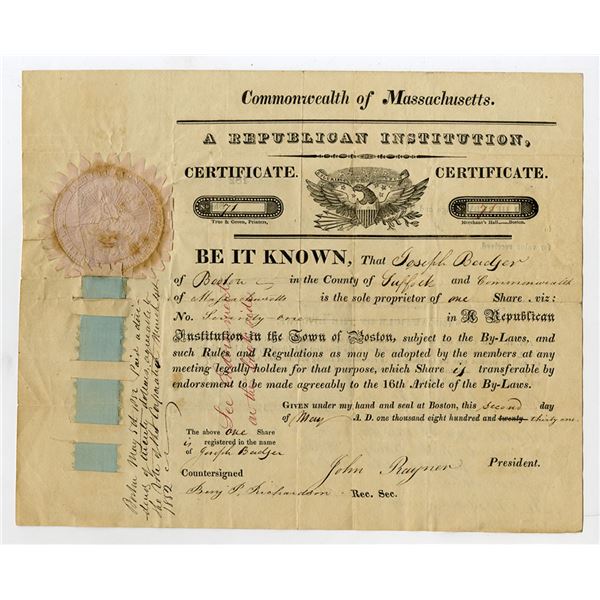 MA. Republican Institution in the Town of Boston, Massachusetts, 1831, I/U Stock Certificate