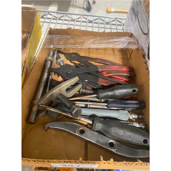 BOX OF ASSORTED SNAP RING PLIERS, ETC.