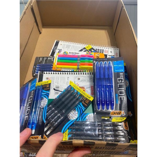 BOX LOT OF ASSORTED PENS AND NOTEBOOKS