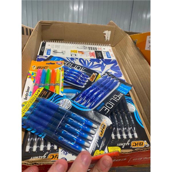 BOX LOT OF ASSORTED PENS AND NOTEBOOKS