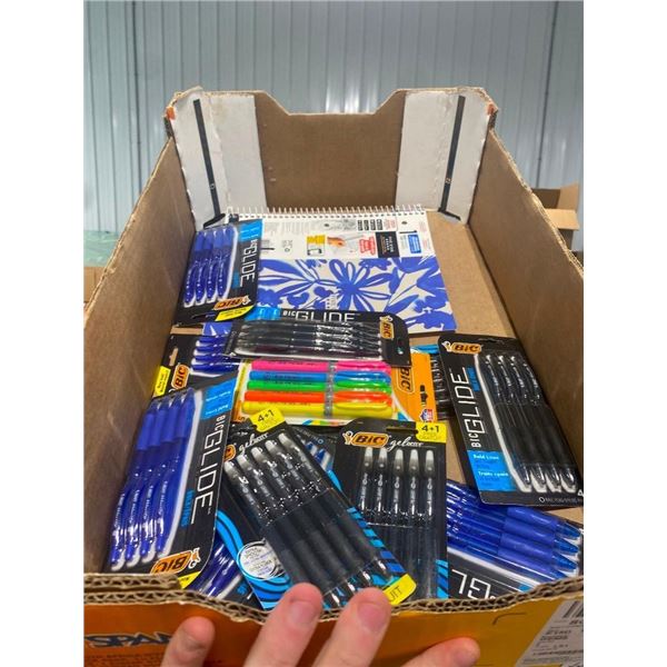 BOX LOT OF ASSORTED PENS AND NOTEBOOKS
