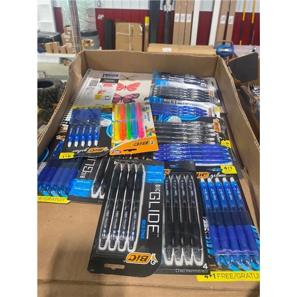 BOX LOT OF ASSORTED PENS AND NOTEBOOKS