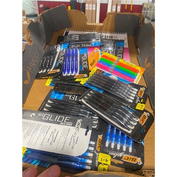 BOX LOT OF ASSORTED PENS AND NOTEBOOKS