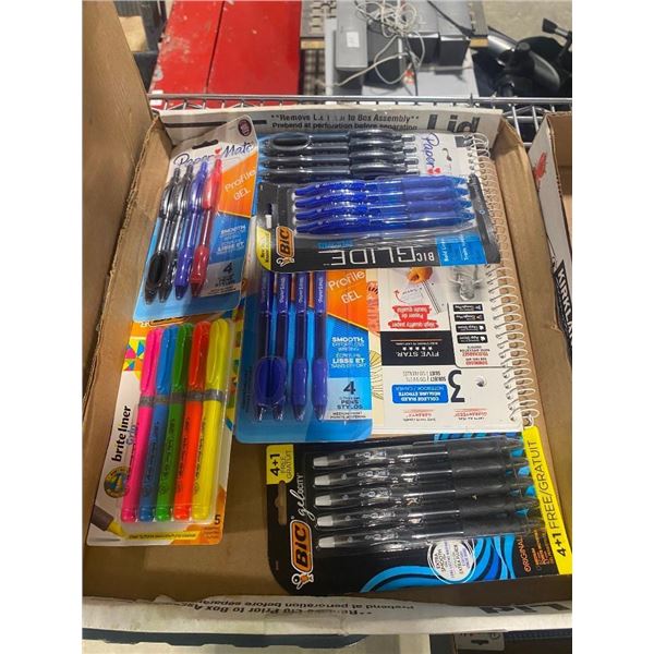 BOX OF ASSORTED PENS AND NOTEBOOKS