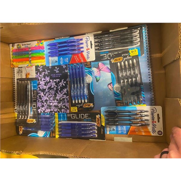 BOX OF ASSORTED PENS AND NOTEBOOKS